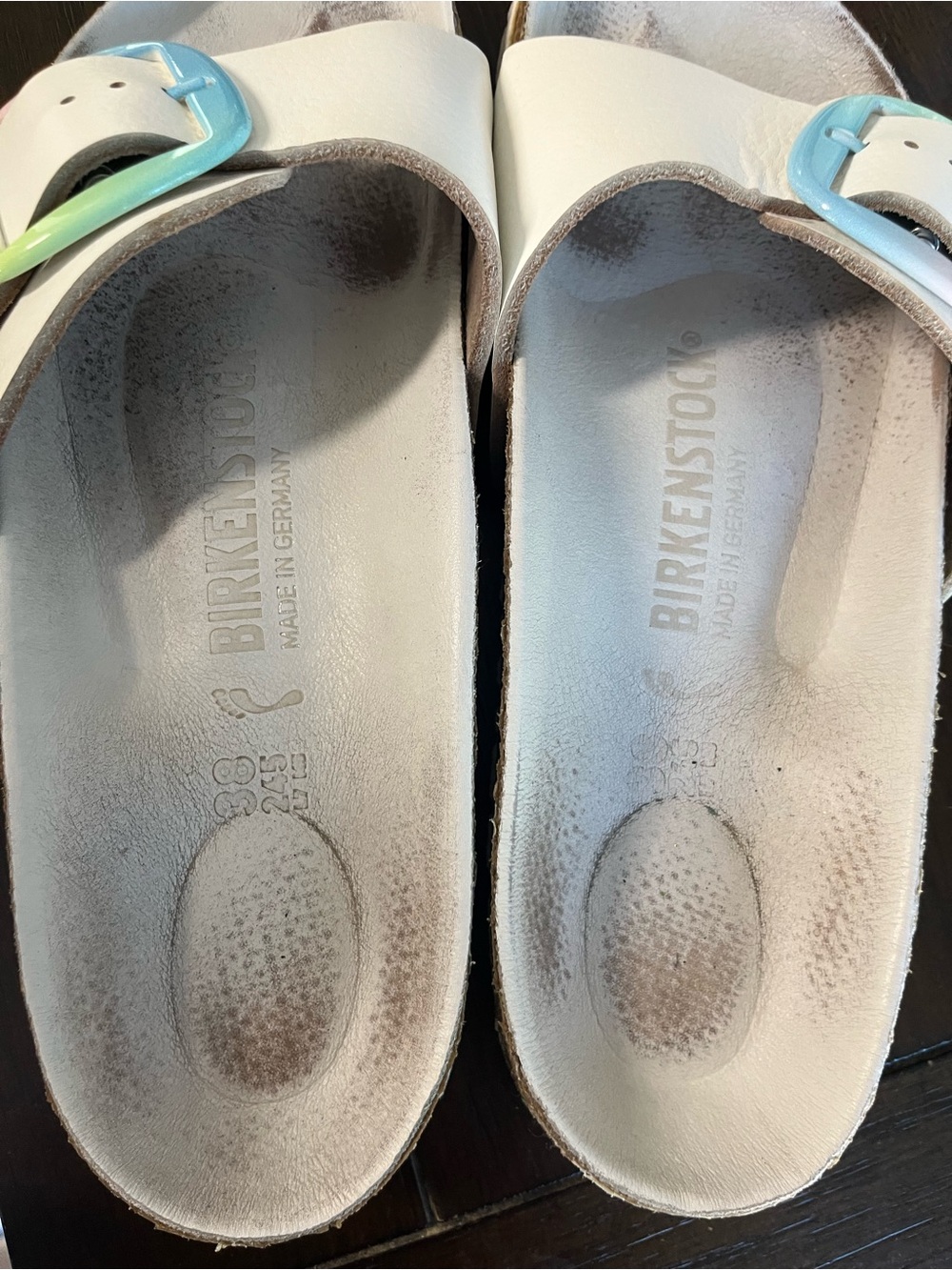 Birkenstock White Slide Sandals with Pastel Ombre Buckles 7-7.5 - Picture 8 of 10